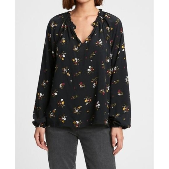 GAP Black Ruffled Neck Long Puffed Sleeve Micro Floral Print Blouse Size XL - Picture 1 of 9